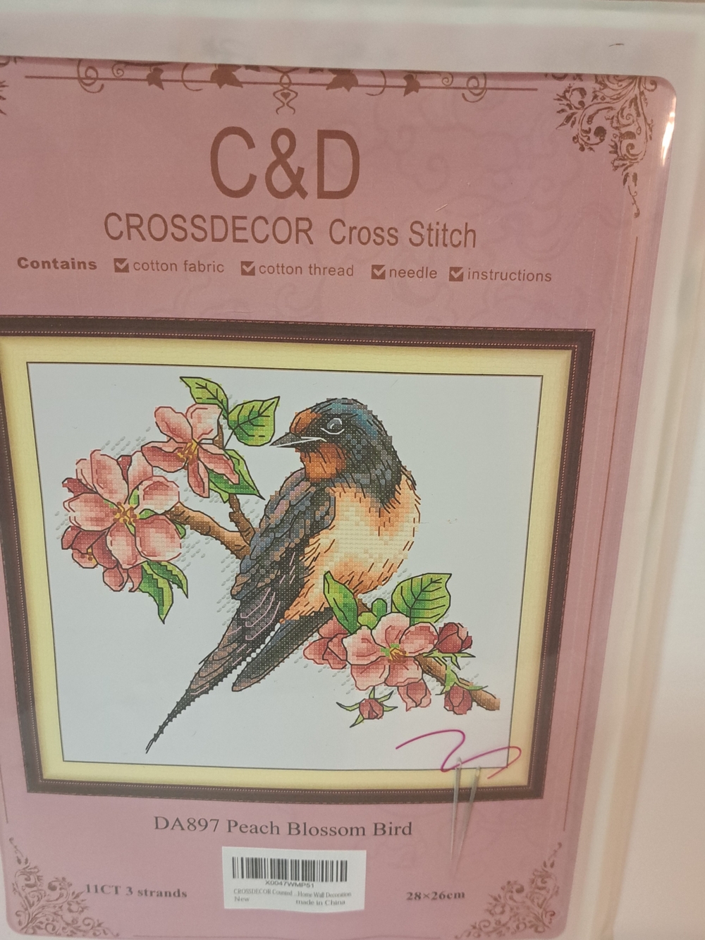 Peach Blossom Bird Cross Stitch Wall Art - Pink